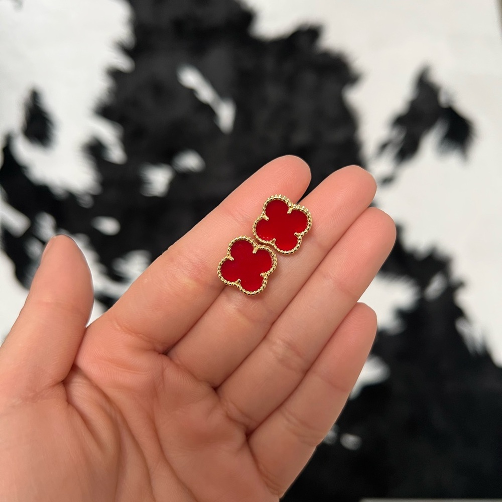 Red and Gold Clover Earrings with Gemstones